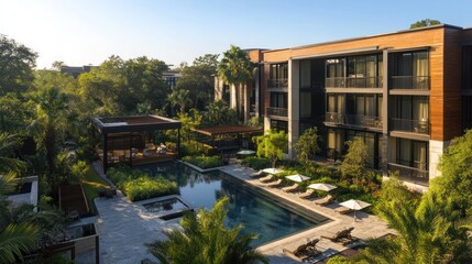 Fototapeta premium A modern apartment building with a swimming pool and a patio area.