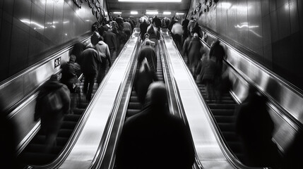 .An escalator full of commuters moving up to street level in a subway station
