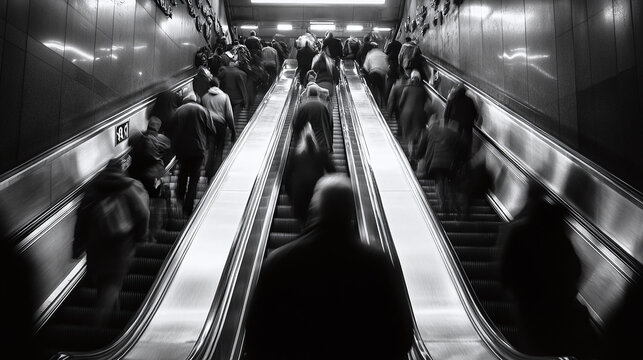 .An escalator full of commuters moving up to street level in a subway station