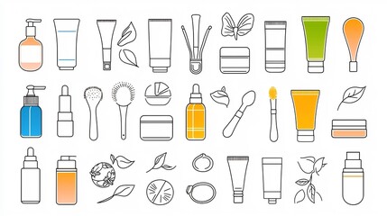 Elegant and Minimalist Icons Depicting Skincare Products Such as Creams Serums and Exfoliating Scrubs on a Clean White Background  These Editable Stroke Icons Showcase a Simple