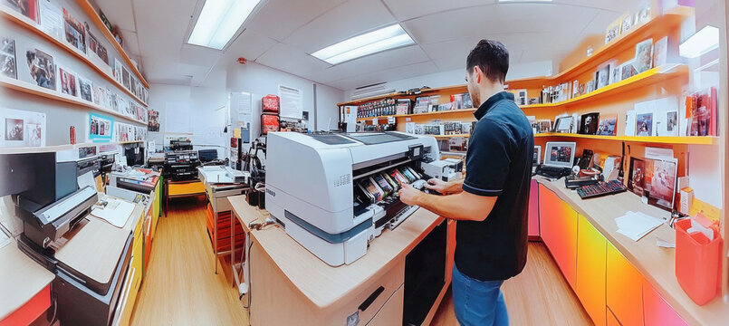 Technician printing photos in a modern photo lab using professional equipment