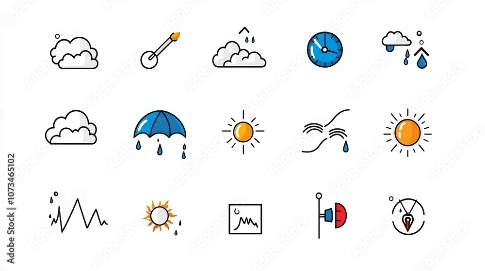 Poster editable stroke outline icons for weather and meteorology featuring clouds rain sun and wind isolate
