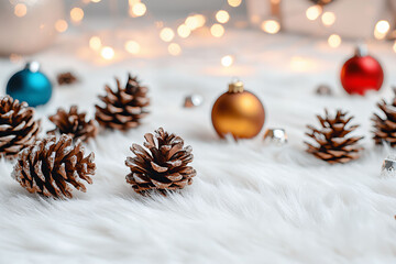 Festive pinecones and ornaments on a white background with shimmering lights, creating a cozy and inviting holiday atmosphere.