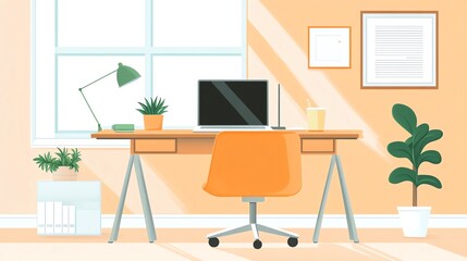 Modern home office with desk and plants.