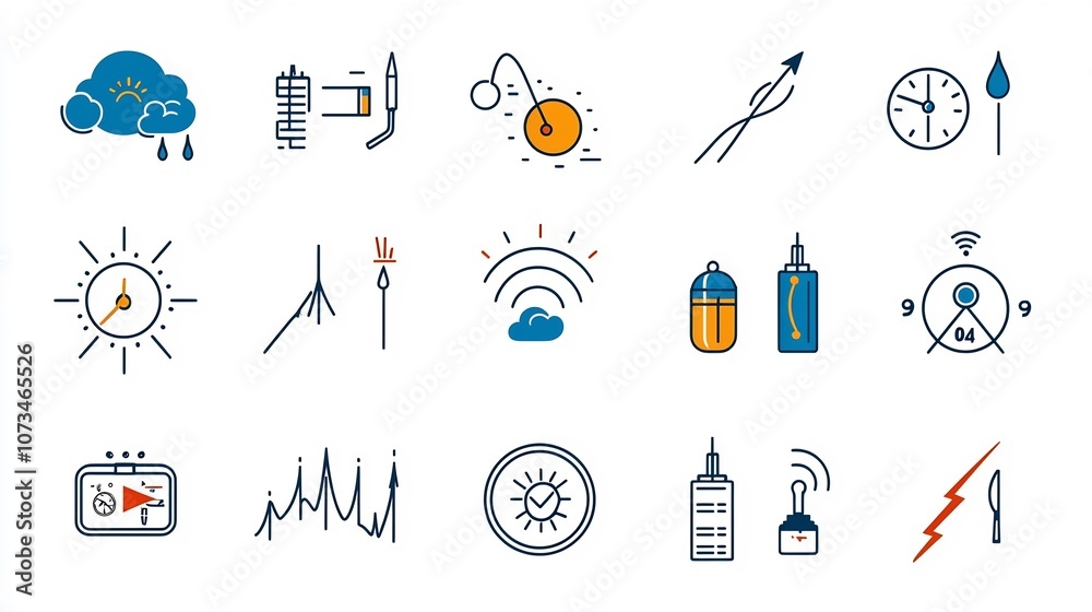 Poster Comprehensive set of weather icons with editable stroke outline symbols representing forecast wind humidity and atmospheric pressure  Designed for weather apps climate data visualizations