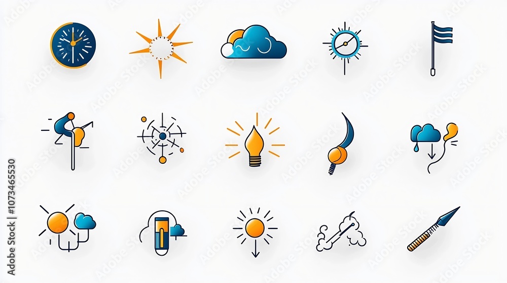 Aufkleber Set of minimalist weather icons with editable stroke outline symbols for forecast including temperature pressure humidity and wind isolated on a clean white background for versatile use