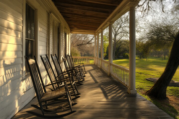 Rustic Wooden Porch with Rocking Chairs at Sunset