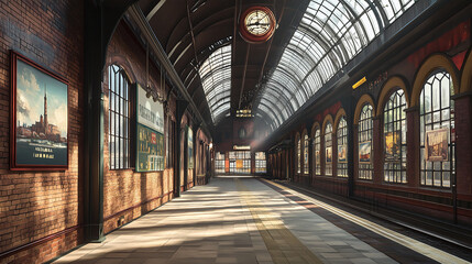 Fototapeta premium An old-fashioned train station with vintage travel posters