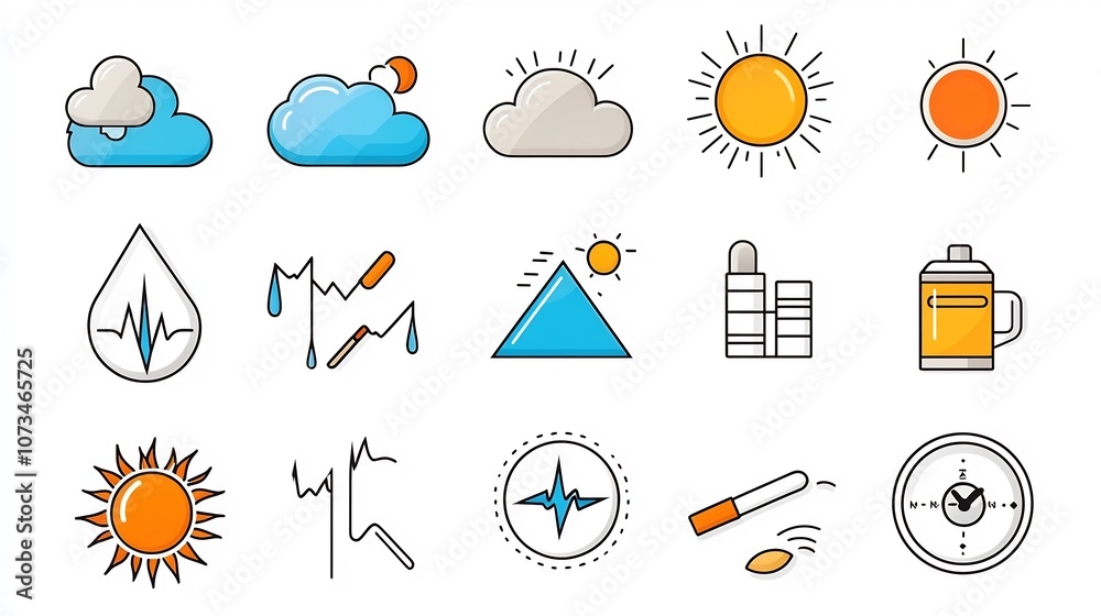 Poster Set of Outline Icons for Meteorological Weather Forecast Symbols including Cloud Storm Sun and Rain Designs with Editable Stroke on White Background