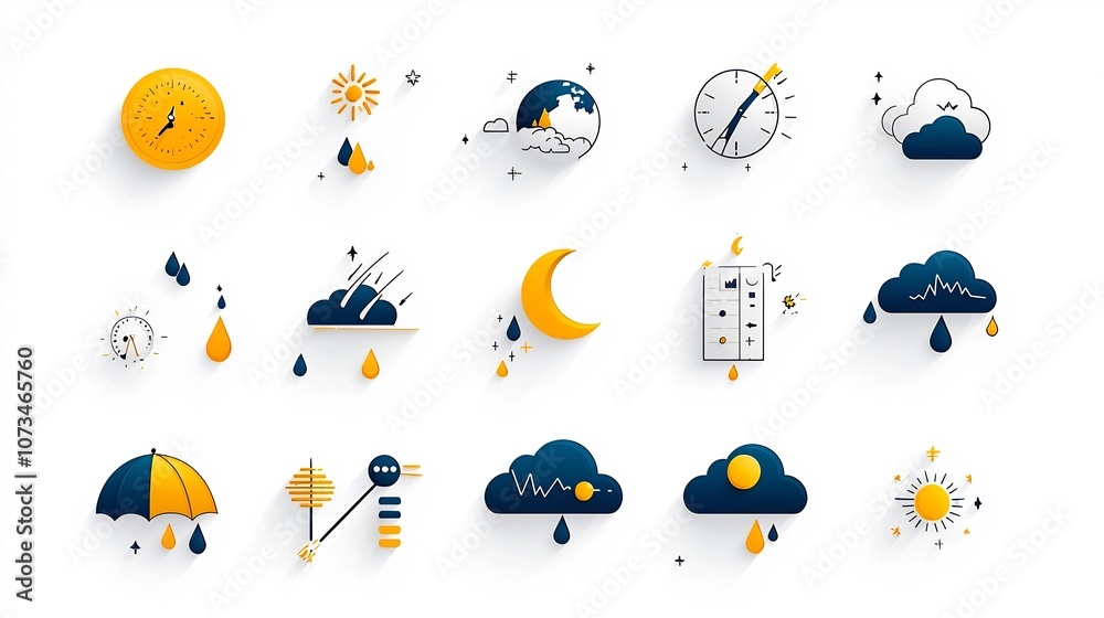 Poster Set of flat minimalist icons for weather and meteorology elements like moon cloud and rain with editable outline style on clean white background