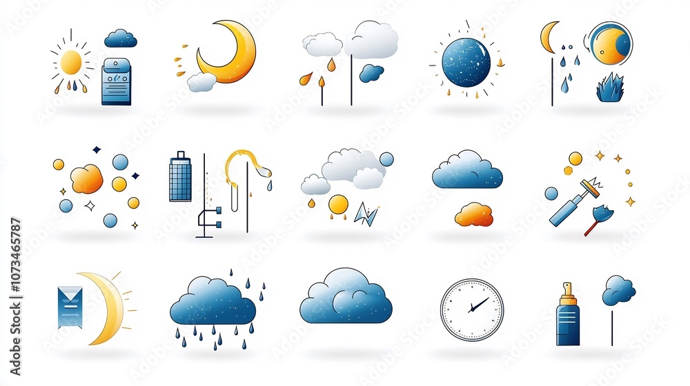 Poster editable pixel perfect flat weather and meteorology icons with outline style featuring moon cloud an