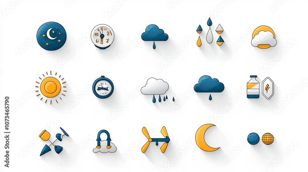 Poster Set of flat icons representing weather and meteorology elements like moon cloud and rain with an editable outline style  Pixel perfect 64x64 icons on a clean white background