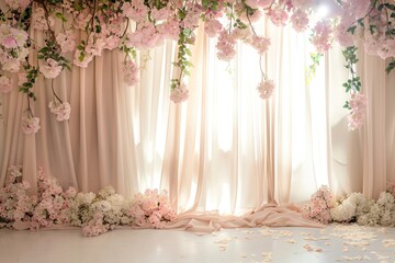 Professional photography studio backdrop, Scandi-Boho style gentle lavender studio backdrop with a matte finish, light beige curtains with minimalist patterns, adorned with clusters of blush 