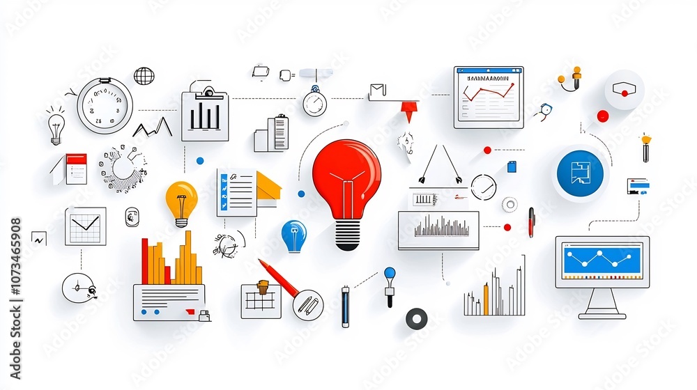 Poster Comprehensive Set of Management and Business Icons in Editable Outline Style Isolated on White Background Flat x 64