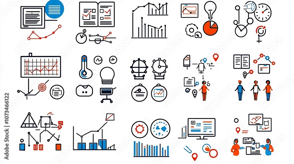 Poster Comprehensive set of business icons featuring essential project planning time management and data analysis symbols  Editable stroke outline flat design pixel perfect 64x64