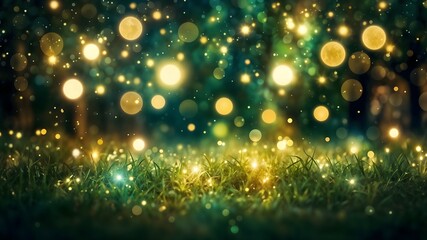 Ethereal green bubble and bokeh lights above grass on a dark background, designed for overlays and fantasy visuals