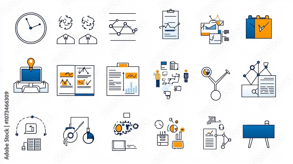 Poster Flat icons featuring team coordination task planning and reporting for business with editable outline style presented on a clean white background