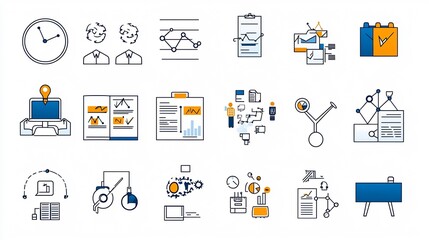 Flat icons featuring team coordination task planning and reporting for business with editable outline style presented on a clean white background
