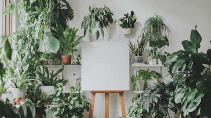 A blank canvas surrounded by lush greenery in a bright, minimalist room.
