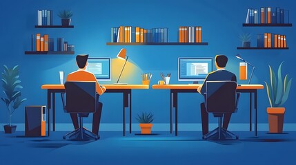 Minimalist illustration of modern office space with two people at computers, featuring blue and orange color scheme, office furniture, plants, and clean lines in 2D vector style.