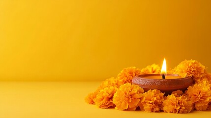 Diwali oil lamp with flickering light, decorated with orange marigold flowers on a festive yellow background, symbolizing Hindu culture and the spirit of celebration with copy space