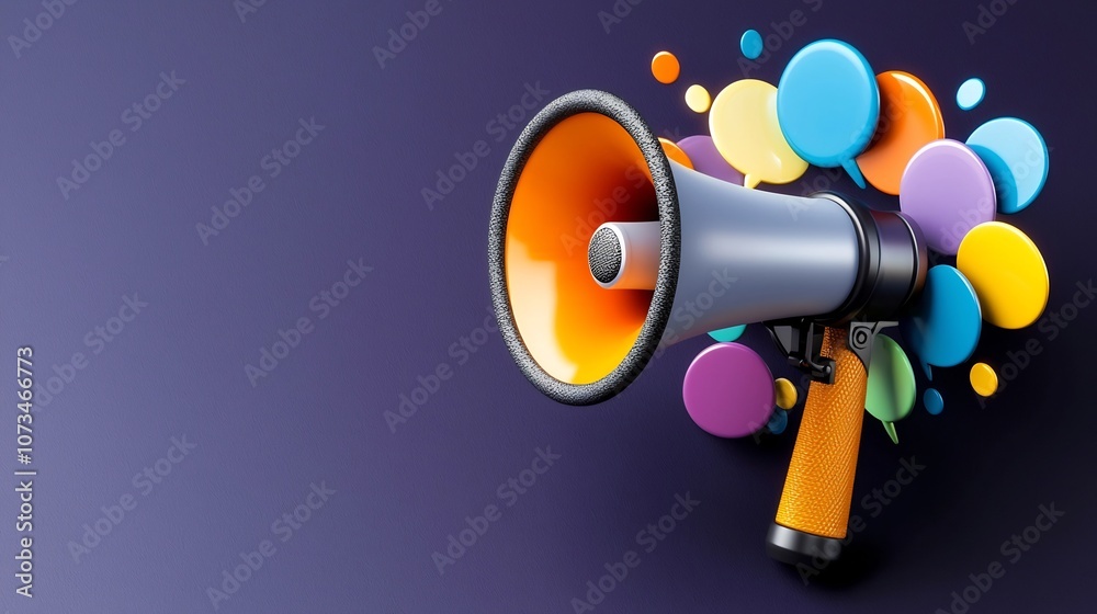 Leinwandbilder Powerful 3D megaphone highlighted by vibrant speech bubbles radiating in a range of colors set against a solid dark purple background  This graphic conveys the concept of effective communication
