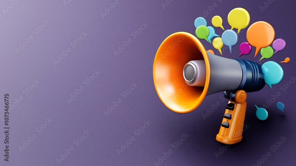 Aufkleber powerful 3d megaphone with vibrant speech bubbles radiating outward set against a solid dark purple 