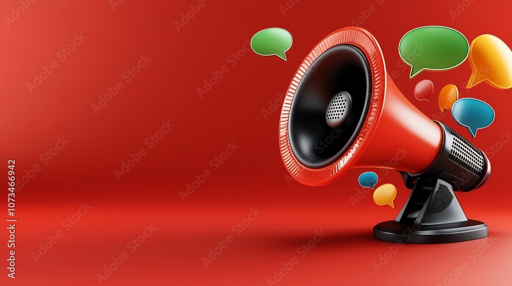 Leinwandbilder striking 3d rendered image of a megaphone with floating neon colored speech bubbles placed against a
