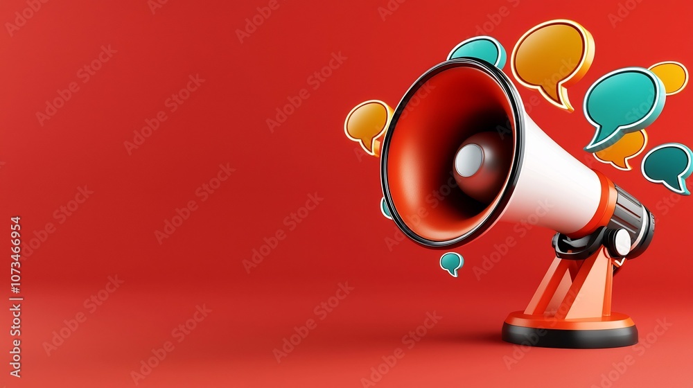 Fototapete Striking 3D megaphone design with dynamic floating speech bubbles in bright neon colors placed on a solid red background symbolizing dynamic communication and marketing concepts