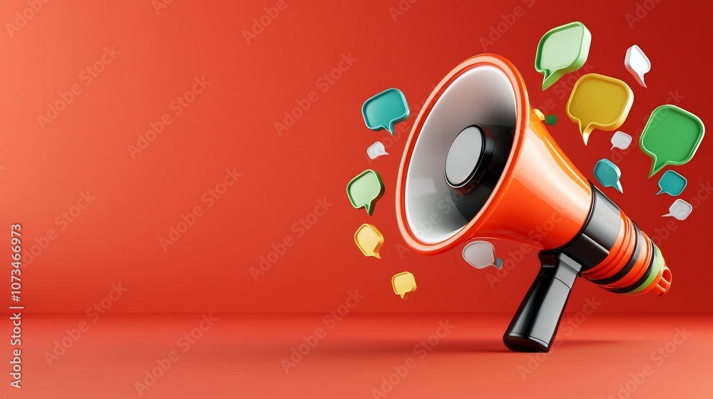 Fototapete Visually striking 3D megaphone design with dynamic floating speech bubbles in bright neon colors symbolizing impactful and engaging digital communication placed on a bold solid red background