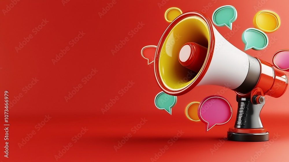Aufkleber Visually striking 3D rendering of a vibrant megaphone with floating neon speech bubbles symbolizing dynamic digital communication and marketing on a solid red studio background