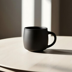 Minimalist black ceramic mug on a white surface, perfect for product mockups.