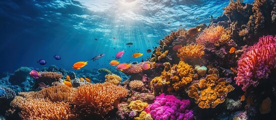 Fototapeta premium Vibrant coral reef with colorful fish swimming through sunlit water.