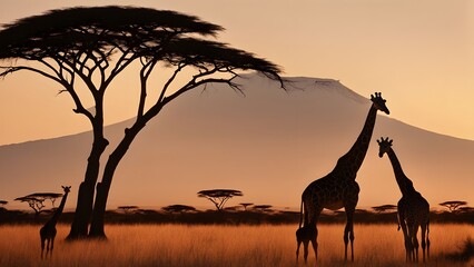 Kenya a sunset over the savanna with silhouetted giraffes and acacia trees with mount Kilimanjaro, Ai Generated