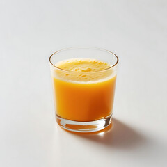 Fresh orange juice in clear glass on a white background.