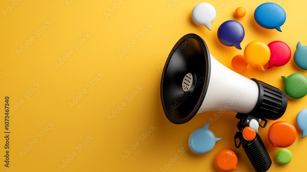 Leinwandbilder striking 3d megaphone surrounded by a swirling array of colorful speech bubbles on a smooth pastel y