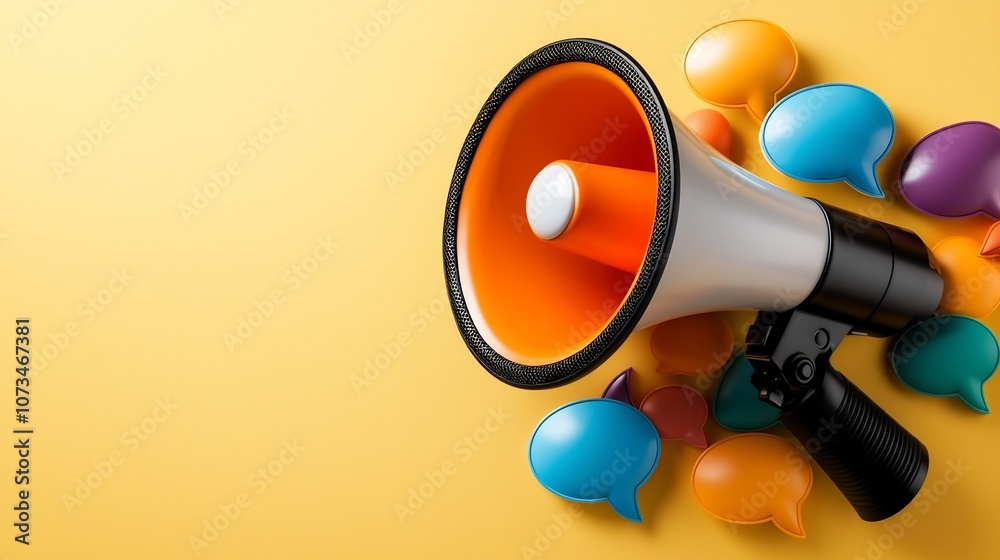 Aufkleber A bold 3D megaphone surrounded by a swirl of colorful speech bubbles on a smooth pastel yellow background symbolizing impactful communication and dynamic messaging