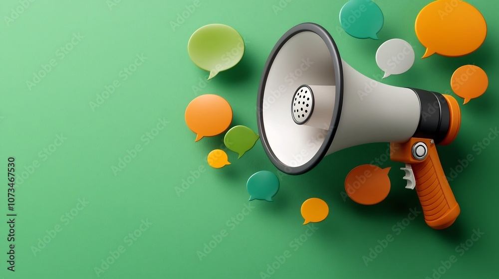 Wall mural vibrant and modern 3d of a single megaphone with various sized speech bubbles in bright and colorful