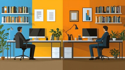 Minimalist illustration of modern office space with two people at computers, featuring blue and orange color scheme, office furniture, plants, and clean lines in 2D vector style.