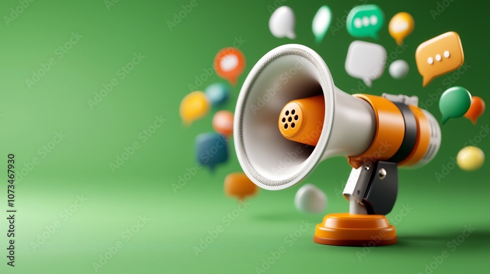 Aufkleber Vibrant and dynamic 3D rendered image of a floating megaphone surrounded by various sized speech bubbles in bright vivid colors on a vivid green background  Concept of communication marketing