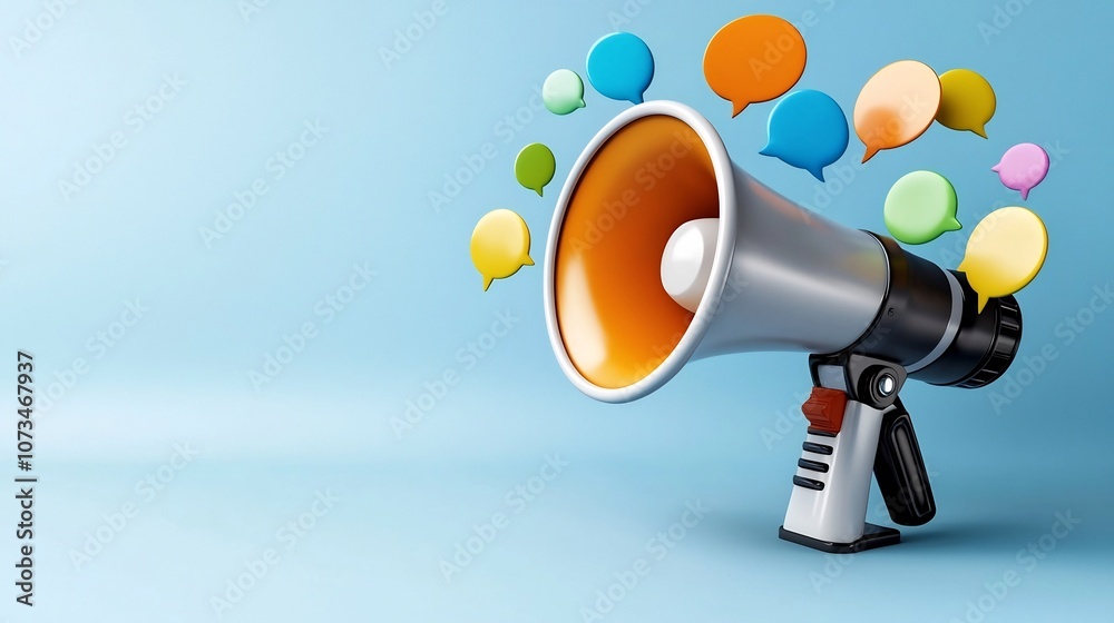 Poster powerful 3d megaphone with a variety of bright speech bubbles orbiting it on a solid light blue back