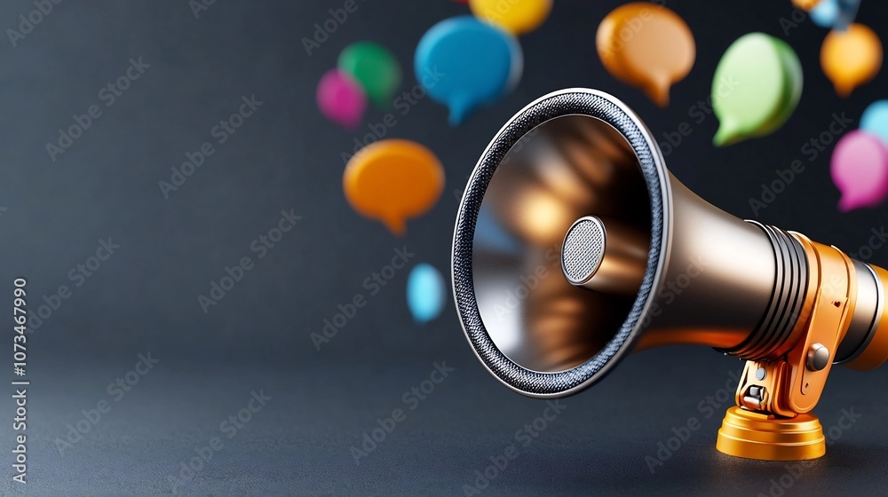 Aufkleber Metallic 3D megaphone with colorful speech bubbles floating around on a dark gray background signifying impactful dialogue and effective communication in the digital age