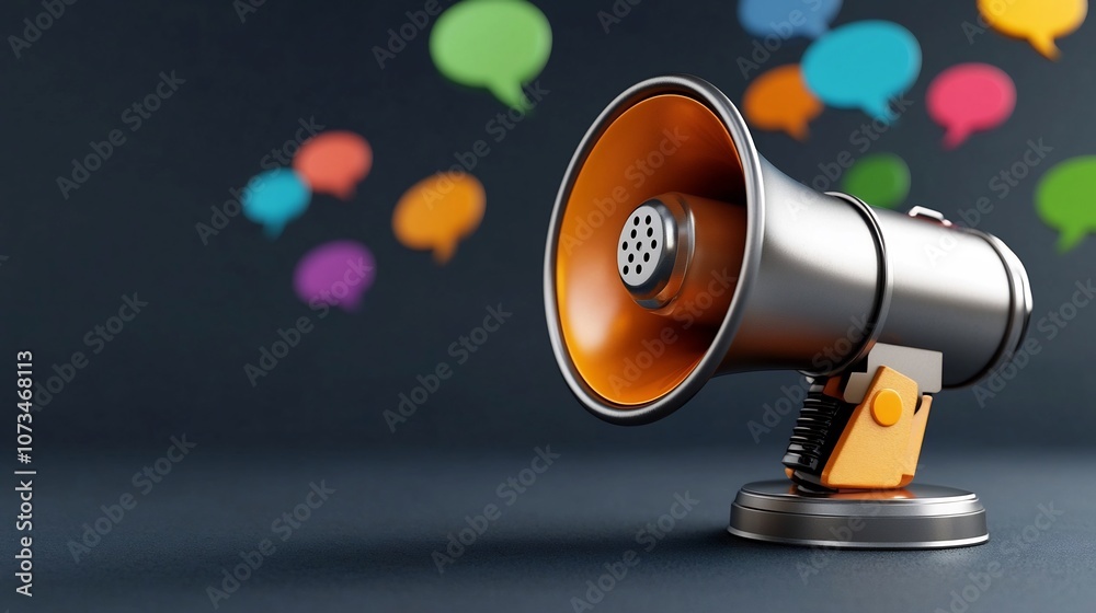 Leinwandbilder a metallic 3d megaphone with vibrant colorful speech bubbles floating around on a dark gray backgrou