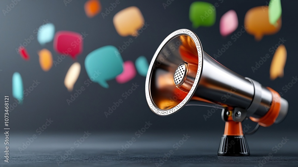 Poster Striking and impactful 3D metallic megaphone design with vibrant colorful speech bubbles floating around on a dark gray background signifying the power of effective dialogue and communication