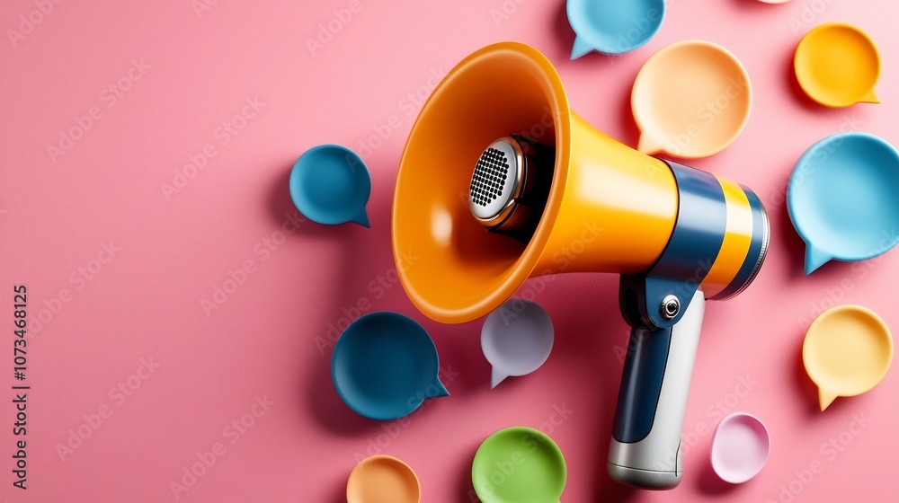 Aufkleber Powerful 3D megaphone in the center surrounded by speech bubbles of varying colors and sizes scattered on a vibrant pink background representing strong communication and powerful messaging