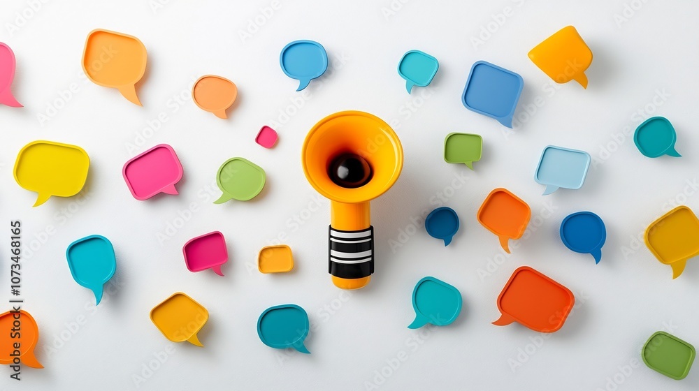 Poster Vibrant communication concept with a central megaphone surrounded by floating colorful speech bubbles on a clean white background symbolizing the power of effective messaging outreach and