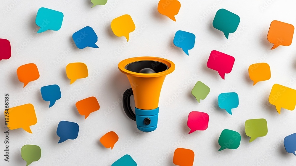 Poster vibrant colorful speech bubbles in various hues surrounding a central megaphone on a plain white bac