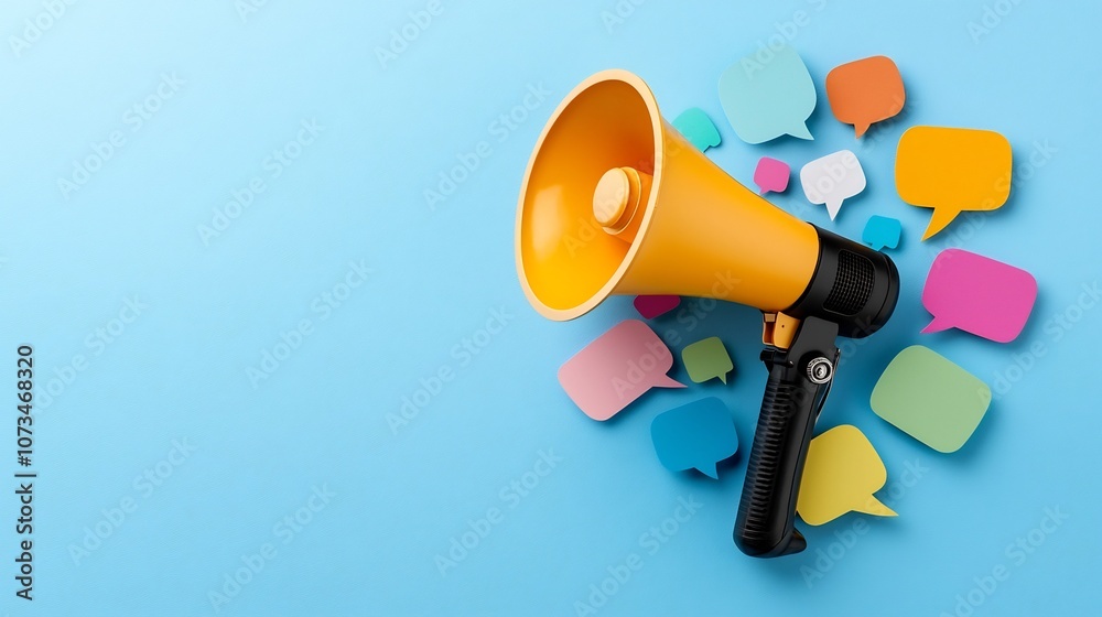 Fototapete Powerful megaphone with an array of colorful speech bubbles of varying shapes and sizes radiating outward on a solid blue background representing the concept of powerful messaging communication