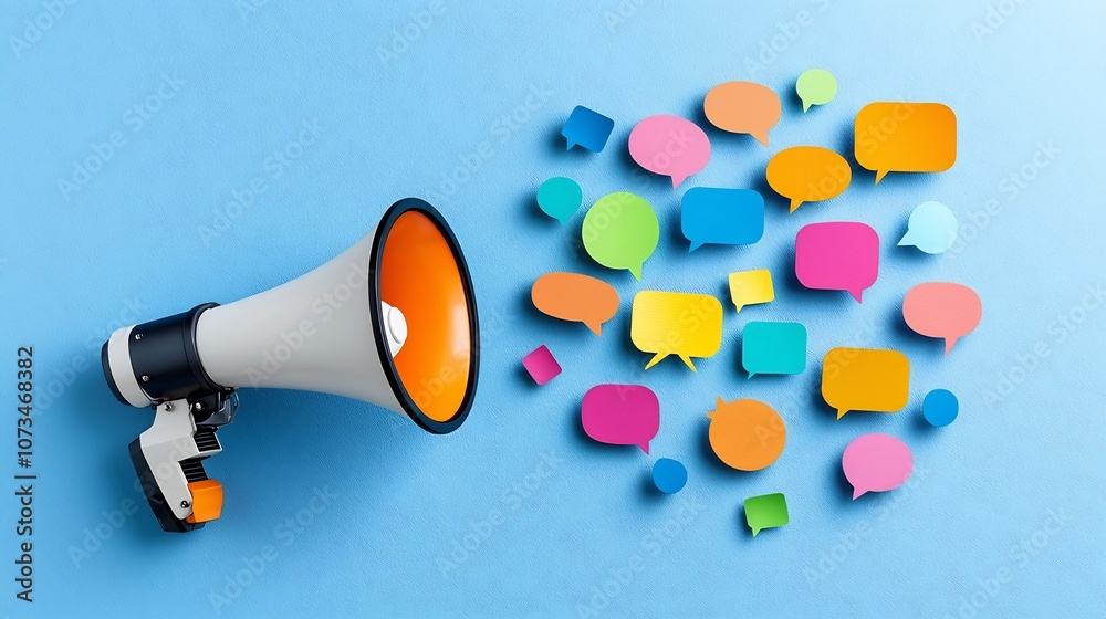 Leinwandbilder Powerful messaging conveyed by a single megaphone with colorful speech bubbles of varying shapes and sizes radiating outward on a solid blue background
