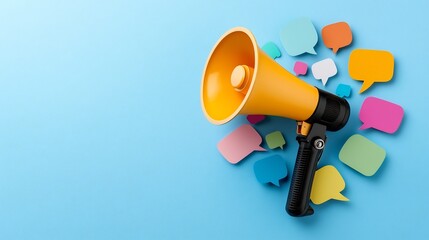 Powerful megaphone with an array of colorful speech bubbles of varying shapes and sizes radiating outward on a solid blue background representing the concept of powerful messaging communication